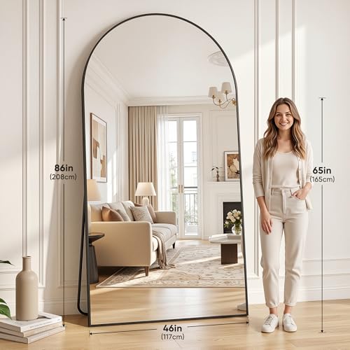 46"×86" Arched Full Length Floor Mirror, Standing Mirror with Aluminum Frame, Large Body Mirror of Free Standing/Wall Mount/Leaning for Bedroom, Living Room, Dressing Room, Black - color: Black, size: 86"L x 46"W