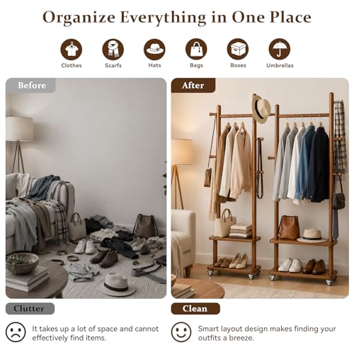 Small Clothes Rack Solid Wood Coat Rack Freestanding with Wheels | Space Saving, Stable 5 Hooks 2 Shelves Coat Tree, Silent 360 Degree Wheels, Heavy Duty 150 lb Capacity for Entryway Bedroom - color: Walnut Brown, size: S: 15.7" x W: 11.8" x H: 70" (With