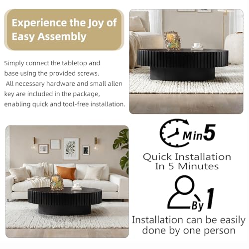 Oval Drum Fluted Coffee Table (A) | Modern Wood Coffee Table with Oval Pedestal Center Tables Fluted Accent Tea Tables for Apartment Living Room - color: A