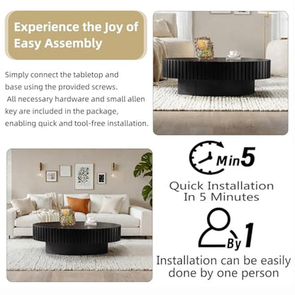 Oval Drum Fluted Coffee Table (A) | Modern Wood Coffee Table with Oval Pedestal Center Tables Fluted Accent Tea Tables for Apartment Living Room - color: A
