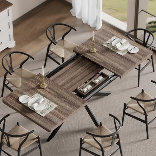 Extendable Dining Table for 4 6 8,55"-70" Kitchen Table Leaf,Dark Walnut | Expandable Rectangle Dining Table,Wood Dining Table w/ Hidden Leaf & Storage, Space Saving, Kitchen Dining Living Room,Modern - color: Removable Leaf 55"-71" Dark Walnut