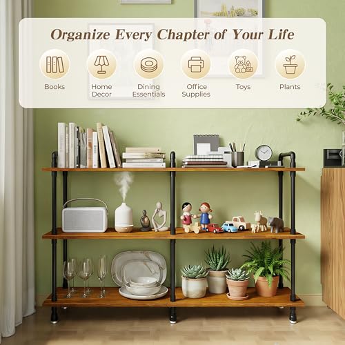 Industrial Bookshelf, Pipe Shelf Bookcase, 3 Tier, 60" Rustic Brown | Solid pine shelves, 60 inch wide, black pipe frame, 70 lbs per shelf, open bookcase for books, plants, office - color: Rustic Brown, size: 60"L × 39"H