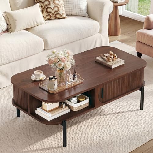 Coffee Table, Fluted Coffee Tables for Living Room, Mid Century Modern Coffee Tables with Storage Open Shelf, Walnut Coffee Table with Sliding Cabinet Door, 2-Tier Rustic Wood Desktop - color: Walnut, size: 19.6"D x 39.3"W x 17"H