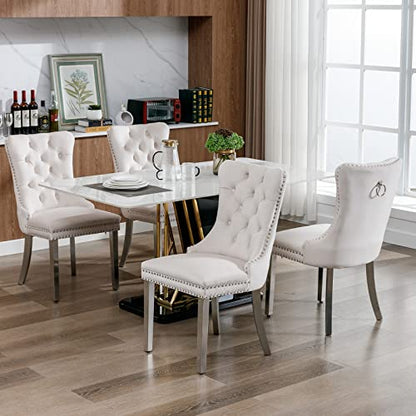 Beige Velvet Dining Chairs Set of 2, Tufted Kitchen & Dining Room Chairs | Two Fabric Dinning Chairs, Velvet Upholstered, Wing Back, Metal Pull Ring, Chrome Legs, Wood Frame, Mid Century Modern - color: A-3 Beige Velvet, Silver Legs, size: 2