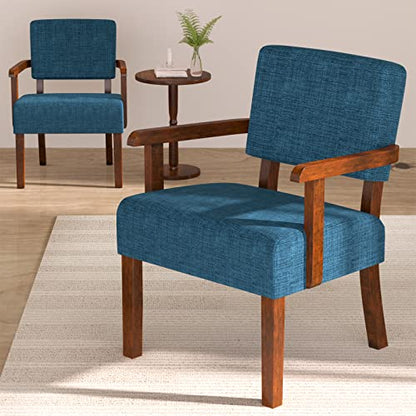 Accent Chairs Set of 2, 2 Solid Wood Armchairs with Side Table | Living Room Chairs with Soft Thicken Cushion, Comfy Reading Chair for Bedroom, Waiting Room, Home Office, Easy Assembly - color: Linen Blue, size: Set of 2 with table