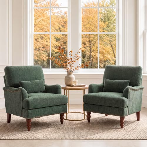 Mid-Century Modern Accent Chair with Lumbar Pillow, Green, 2 Pack | Upholstered Chenille Armchair, Solid Wood Frame & Legs, Comfy Reading Lounge Sofa for Living Room Bedroom, & Small Spaces - color: Chenille Green, size: 2 Seat