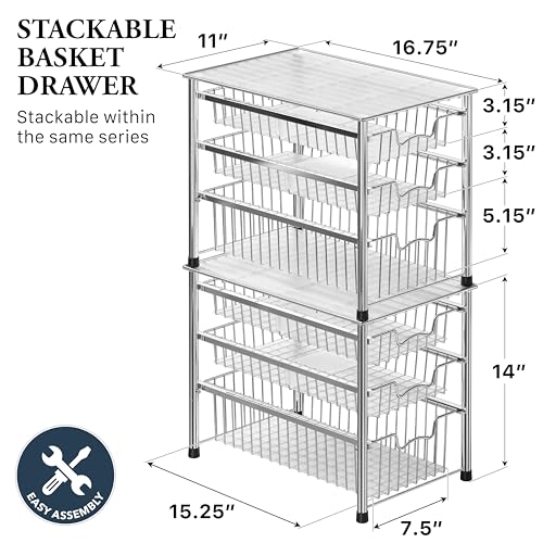 Simple Houseware Stackable 3 Tier Sliding Basket Organizer Drawer, Chrome - color: Chrome, size: 3-tier