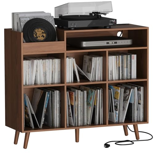 Large Record Player Stand with Vinyl Storage Cabinet, Wood Turntable Table Open Shelf Holder Up to 500 Albums Cube Storage Organizer for Living Room, Office, Brown - color: Brown