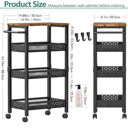 Vivihomety 4-Tier Laundry Utility Rolling Cart with Wheels, Kitchen & Bath | Narrow 8.1" wide, lockable wheels, wood top panel, metal frame, for laundry room, small spaces, pantry, tight gaps, Black - color: Black, size: 8.1 inch wide