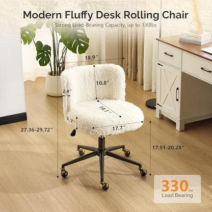 VINGLI Plush Upholstery Vanity Desk Chair with Curved Back & 90-102° Tilt &Adjustable Height, Cute Rolling Chair with Bronze Base & Golden-Bronze 360° Swivel Wheels for Makeup &Home Office,White Cream - color: White Cream