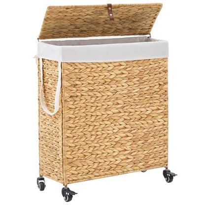Rolling Laundry Hamper with Lid and Wheels, Slim Laundry Basket with Removable Liner Bag & 2 Mesh Bags, Handwoven Water Hyacinth Clothes Hamper for Bedroom Bathroom (Natural, 85L) - color: Natural/With Lid/85L