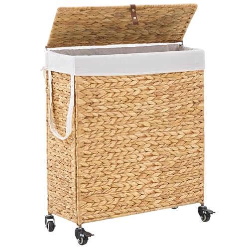 Rolling Laundry Hamper with Lid and Wheels, Slim Laundry Basket with Removable Liner Bag & 2 Mesh Bags, Handwoven Water Hyacinth Clothes Hamper for Bedroom Bathroom (Natural, 85L) - color: Natural/With Lid/85L
