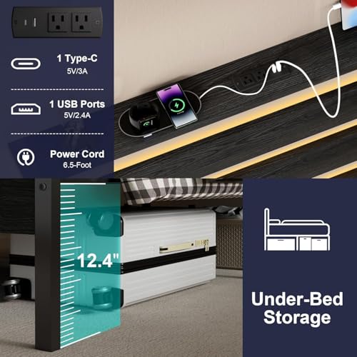 J.Fkne Twin Bed Frame with Headboard, Platform Bed with LED & Charging Station, Heavy Duty Metal Slats, No Box Spring Needed, Noise Free, Easy Assembly, Black - size: Twin, style: Contemporary