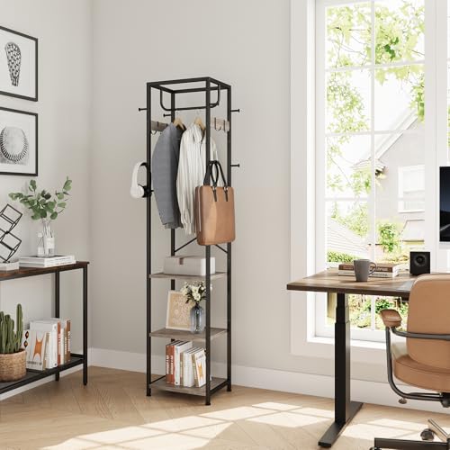 Coat Rack Freestanding, Hall Tree with 3 Shelves and 12 Hooks, Greige | Industrial Metal Frame, Space-Saving Design, Clothes Rack Stand Organizer for Bedroom, Hallway, Entryway, Office, Living Room - color: Greige