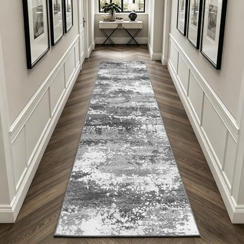 2x10 Hallway Runner Rug for Kitchen Entryway Non Slip Washable Grey | Rug Runner with Rubber Backing 10ft Long Carpet Runner for Bathroom Bedroom, Low Pile Stain & Fade Resistant, Abstract Gray - color: Grey, size: 2' X 10' (Runner)
