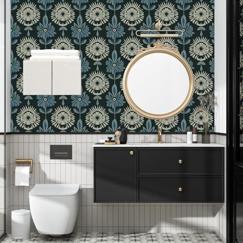 BOKEBEVE Boho Floral Peel and Stick Wallpaper Dark Green 17.5 x 393.5In | Extra Long Symmetry Contact Paper Modern Wall Paper for Bedroom Accent Walls Laundry Nursery Pantry Renter Friendly Removable - color: Dark Green, size: 17.5" x 393.5"