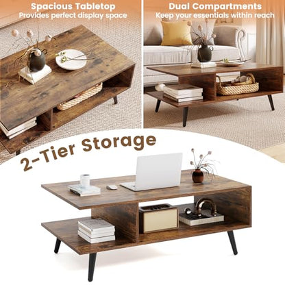 GOFLAME Wood Coffee Table, 2-Tier Mid Century Modern Center Table with 2 Open Storage Compartments & Metal Legs, Rectangular Accent Tea Tables for Living Room, Home Office, Apartment, Rustic Brown - color: Rustic Brown