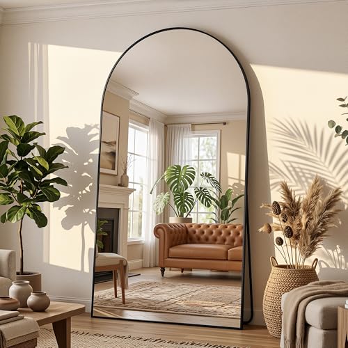 46"×86" Arched Full Length Floor Mirror, Standing Mirror with Aluminum Frame, Large Body Mirror of Free Standing/Wall Mount/Leaning for Bedroom, Living Room, Dressing Room, Black - color: Black, size: 86"L x 46"W