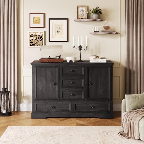 GarveeHome 47" Farmhouse Sideboard Buffet Cabinet,Sideboard Storage Credenza with 5 Drawers and 2 Doors,Wood Coffee Bar Cabinet,Buffet Table for Dining Room Living Room,Black01 - color: Black01