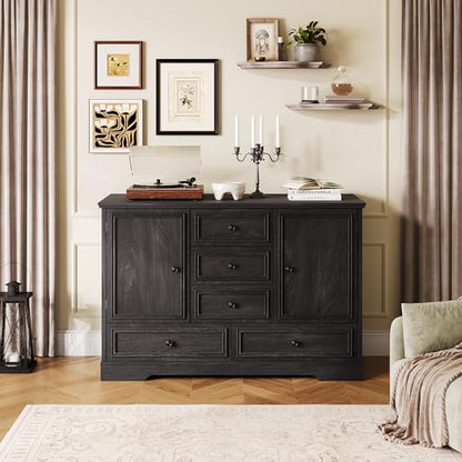 GarveeHome 47" Farmhouse Sideboard Buffet Cabinet,Sideboard Storage Credenza with 5 Drawers and 2 Doors,Wood Coffee Bar Cabinet,Buffet Table for Dining Room Living Room,Black01 - color: Black01