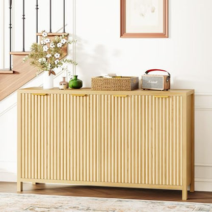 Fluted Buffet Cabinet with Storage, 55" Sideboard Cabinet with 4 Doors, Modern Credenza Accent Console Cabinet Coffee Bar Table for Living Room Dining Room Hallway, Oak - color: Oak