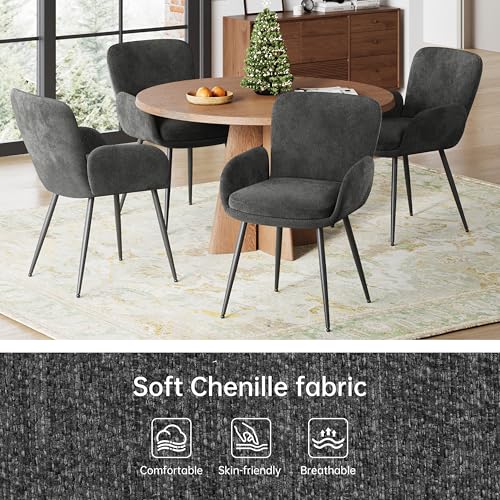 VKNOW Modern Upholstered Dining Chairs Set of 4 with Armrest, Dark Grey | Armed Dining Room Chairs with Metal Legs, Kitchen Chairs for Restaurant Kitchen Living Room - color: Dark Grey, size: Set of 4