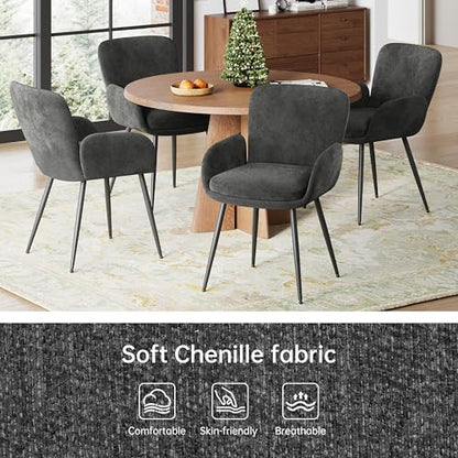 VKNOW Modern Upholstered Dining Chairs Set of 4 with Armrest, Dark Grey | Armed Dining Room Chairs with Metal Legs, Kitchen Chairs for Restaurant Kitchen Living Room - color: Dark Grey, size: Set of 4