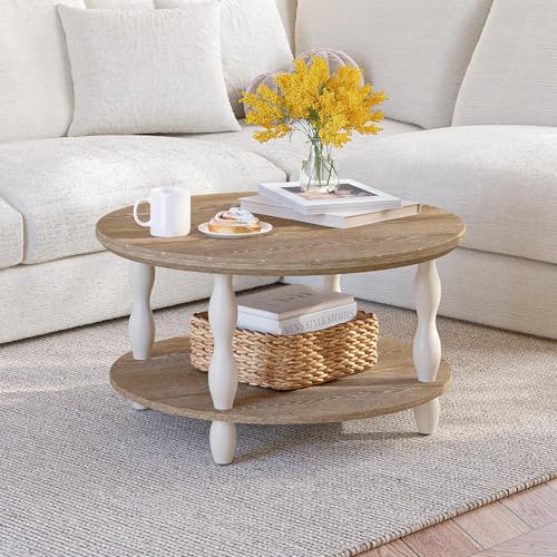 karlott 2-Tier Farmhouse Coffee Table, Round Coffee Tables for Living Room | Solid Wood Veneer Tabletop, Pine Legs & Storage Shelf, Rustic Boho Center Table, Easy Assemble for Living Room - size: 2 Tier Coffee Table 30.3 Inches