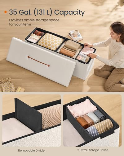 SONGMICS Large Folding Storage Ottoman Bench, 15 x 43 x 15 Inches | Foot Rest Stool, Load up to 660 lb, Cream White and Ink Black, MINOTA Collection ULSF097W01 - color: Cream White, size: 15"D x 43"W x 15"H, style: Rectangle