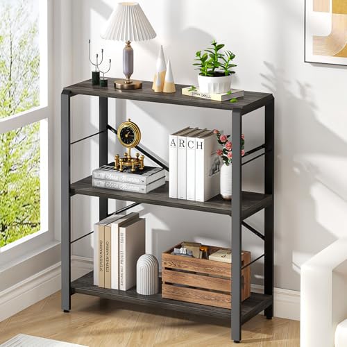 Industrial Small Bookshelf, 3 Tier Low Short Book Shelf, Metal and Wood Bookcase for Small Spaces, Bedroom Living Room, Dark Gray - color: Dark Gray, size: 3-Tier