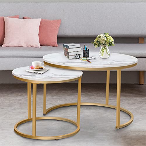 Nesting Coffee Table Faux White Marble for Small Place 2 Sets Modern Furniture Living Room Sets End Side Table Night Stand for Bed Room Dining Room - color: White Marble