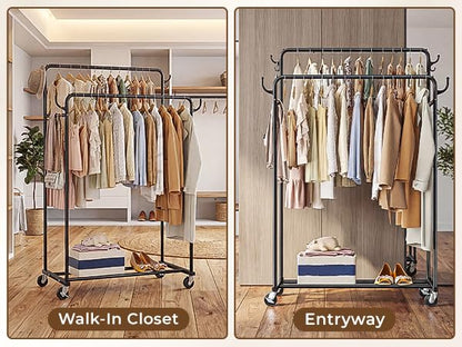 Clothes Rack, Rolling Clothing Rack with Double Rods for Hanging Clothes, Portable Garment Rack with Wheels, Metal Wardrobe Closet Organizer for Bedroom and Laundry Room