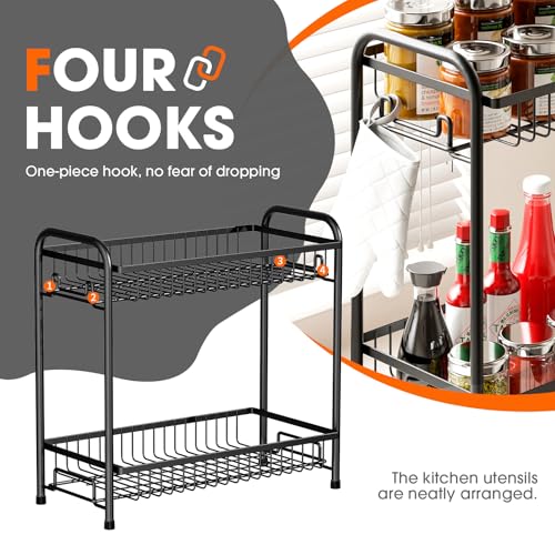 Spice Rack for Countertop, 2-Tier Standing Sturdy Metal Seasoning Organizer Holder, Space Saving Spice Shlef for Kitchen, Cabinet, Pantry Storage, Easy Assembly, Black