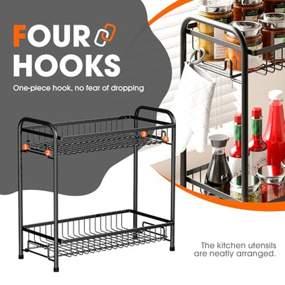 Spice Rack for Countertop, 2-Tier Standing Sturdy Metal Seasoning Organizer Holder, Space Saving Spice Shlef for Kitchen, Cabinet, Pantry Storage, Easy Assembly, Black