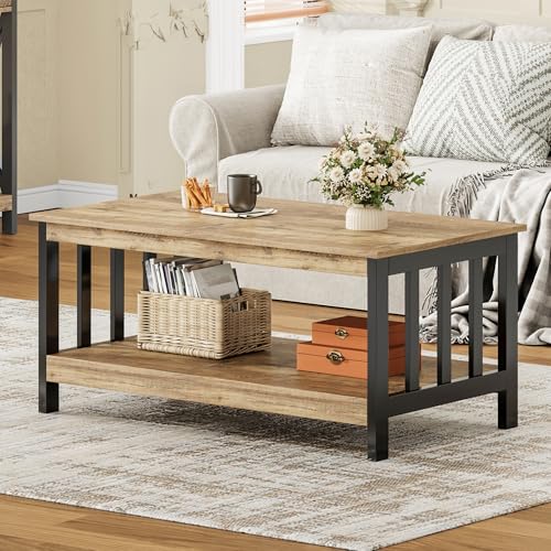 ChooChoo Farmhouse Coffee Table, Living Room Table with Shelf, 40 Rustic Oak & Black - color: Rustic Oak & Black, size: 22"D x 39.9"W x 18.1"H