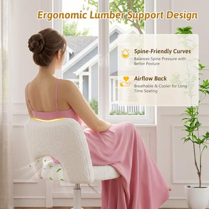 DurayLoly Vanity Chair with Open Back & Wheels,Armless | Fluffy Teddy Fabric ,Armless, Height Adjustable, for Makeup Room, Bedroom,Cream - color: Cream