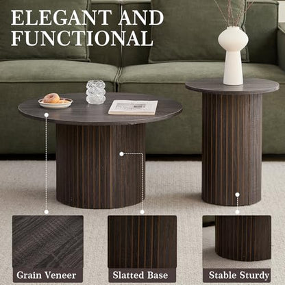 Round Nesting Coffee Table Set of 2 Mid Century Modern Wood Round Coffee Tables with Flexible Small Boho Circle Side Table for Space Saving Living Room Comedor Home Office Bedroom(Black) - color: 2pcs Black
