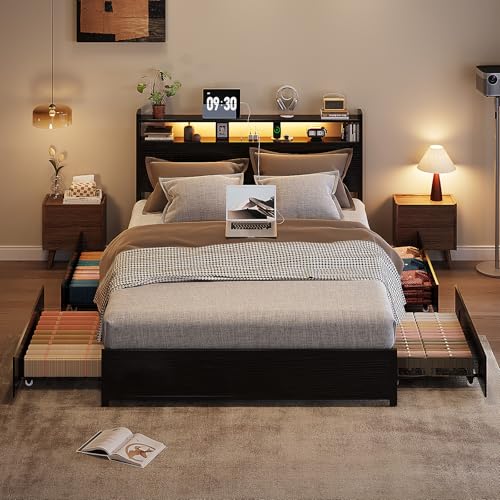 VINGLI Queen Platform Bed Frame with 4 Storage Drawers and Adjustable Headboard Shelf, Metal Bed with Charging Station and LED Lights, No Box Spring Needed, Noise Free, Easy Assembly, Black - color: Black, size: Queen/4 Drawers