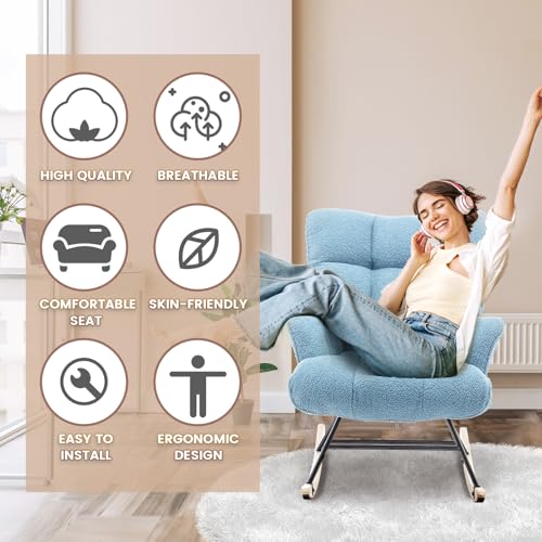 Rocking Chair Nursery Teddy Upholstered Glider Rocker Rocking Accent Chair Padded Seat with High Backrest Armchair Comfy Side Chair for Living Room Bedroom Offices (LightBlue Teddy) - color: Paleblue