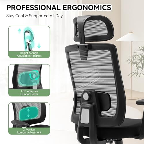 Office Chair with Mesh High Back, Ergonomic Office Desk Chair with Adjustable Lumbar Support, Rolling Work Chairs with Wheels and 3D Headrest, Black - color: Black