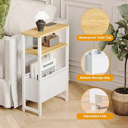 Narrow Side Table, Slim End Table with Magazine Rack, Skinny Bedside Table for Small Spaces, 3 Tier Sofa Couch Table Nightstand for Living Room, Bedroom, Natural LET503Y - color: Natural, style: No Charging Station