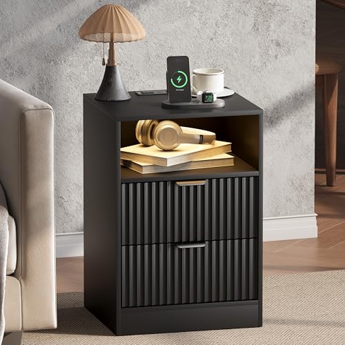Fluted Nightstand Set of 2, LED Nightstand with Charging Station, Wood Nightstands with 2 Drawers & Metal Handles, Modern Bedside Table & End Tables, Farmhouse Night Stands for Bedroom, Black - color: Black, style: LED 2 Drawers-2 PCS