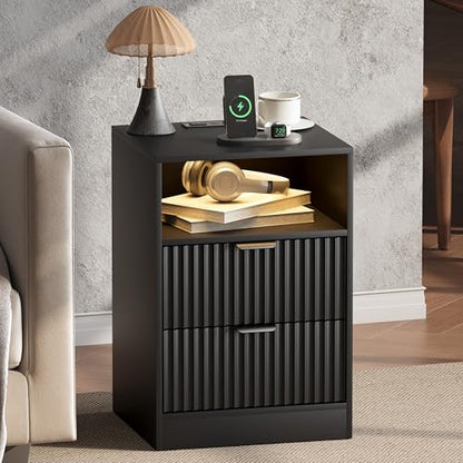 Fluted Nightstand Set of 2, LED Nightstand with Charging Station, Wood Nightstands with 2 Drawers & Metal Handles, Modern Bedside Table & End Tables, Farmhouse Night Stands for Bedroom, Black - color: Black, style: LED 2 Drawers-2 PCS