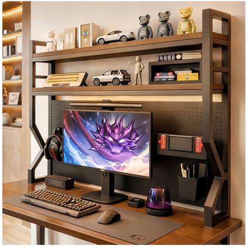 Desktop Hutch Bookshelf,Many Gifts,Metal Desktop Bookcase with pegboard, Desk Shelf, Countertop Storage Organizer Rack for Dorm or Office,Desktop Shelves (Natural+Black, 53.1" Lx9.9 Wx39 H) - color: Natural+black, size: 53.1" Lx9.9 Wx39 H