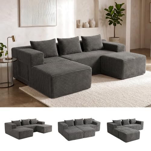Modular Boneless U-Shaped Couches for Living Room with Side Pockets | Modern Sectional Boneless Corduroy Fluffy Couch Sofa with Deep Seat and Non-Slip Base, No Assembly, Dark Grey - color: Dark Grey, size: U-Shaped