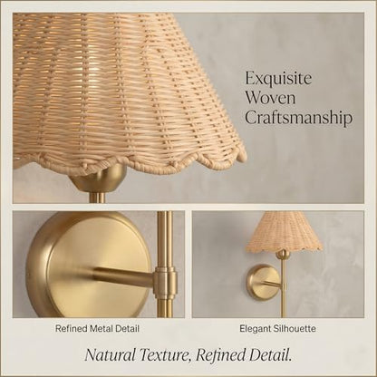 Rattan Wall Sconce Set of 2, Hardwired Boho Wall Sconces with Handwoven Rattan Shade, Gold Wall Lights for Bedroom, Bedside, Hallway, Living Room - size: Hardwired