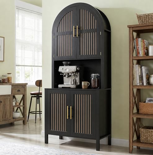 76" Tall Arched Kitchen Pantry, Large Kitchen Storage Cabinet with Fluted Doors and Microwave Stand, Modern Wood Buffet Sideboard, Adjustable Shelves, Cupboard for Dining Room, Living Room, Black - color: Black