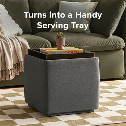 mopio Levi Storage Ottoman with Reversible Tray, Modern Square Chest Coffee Table, Upholstered Cube Sitting Foot Stools Ottoman for Living Room, Bedroom, Entryway (Fabric, Dark Gray) - color: Dark Gray Fabric, Cube