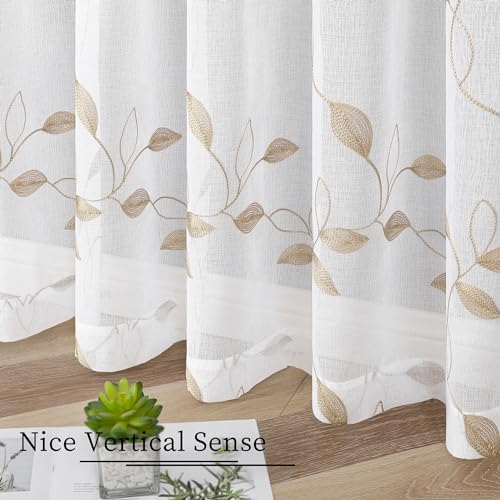Tollpiz Taupe Leaf Sheer Tier Curtain Kitchen 30 x 36 Inches | Leaves Embroidered Curtains Rod Pocket Voile Bathroom Window Treatment for Cafe, Set of 2 Panels - color: Taupe, size: 30"W x 36"L (Pack of 2)