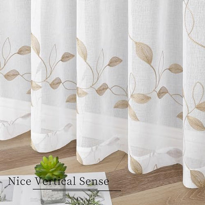 Tollpiz Taupe Leaf Sheer Tier Curtain Kitchen 30 x 36 Inches | Leaves Embroidered Curtains Rod Pocket Voile Bathroom Window Treatment for Cafe, Set of 2 Panels - color: Taupe, size: 30"W x 36"L (Pack of 2)